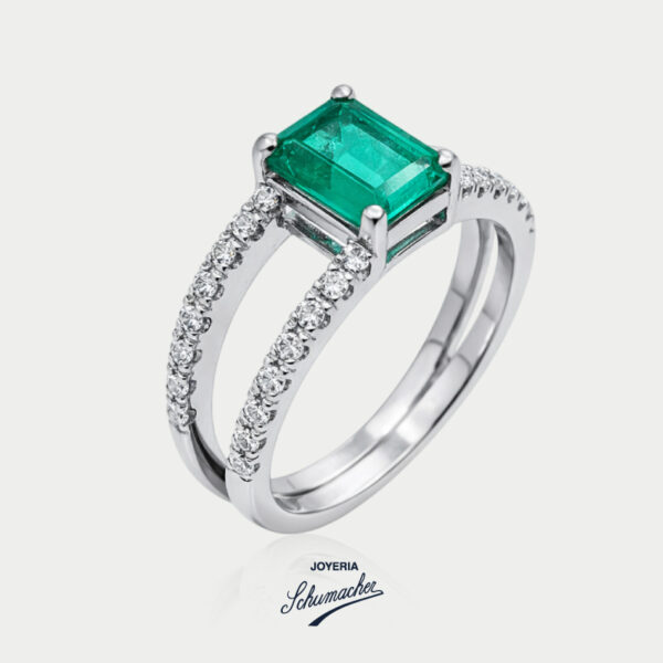 Anillo en oro blanco con esmeralda y dos líneas de brillantes | Joyería Schumacher