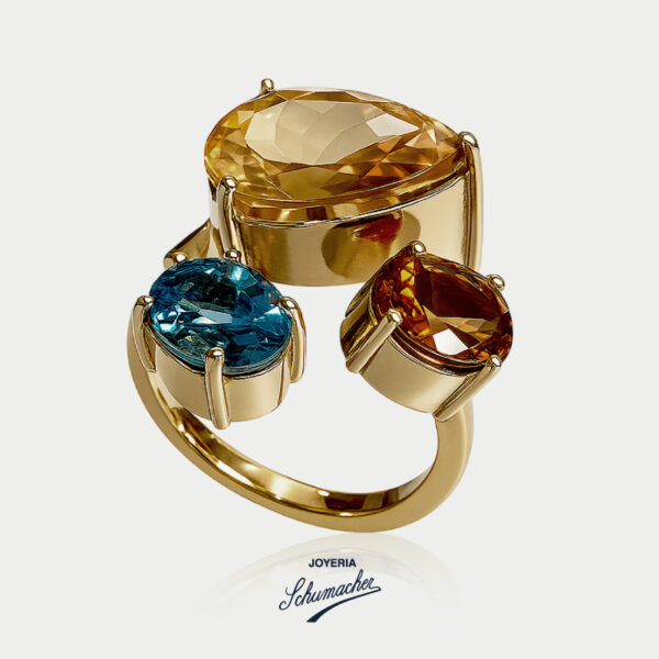 Anillo en oro amarillo con citrina gota, topacio ovalados azul y amarillo | Joyería Schumacher