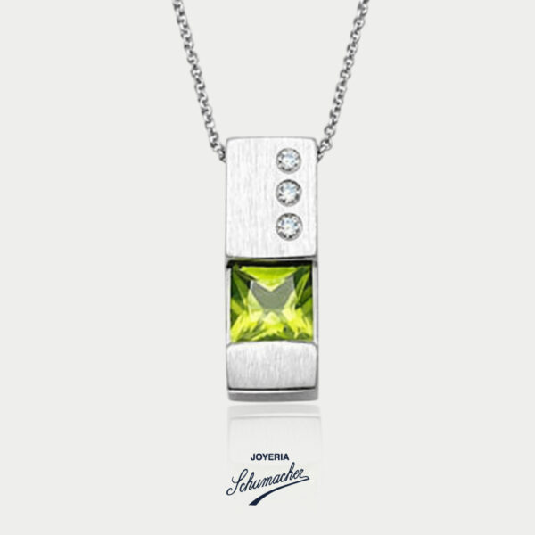 Cadena y dije rectangular en oro blanco con peridoto y brillantes | Joyería Schumacher