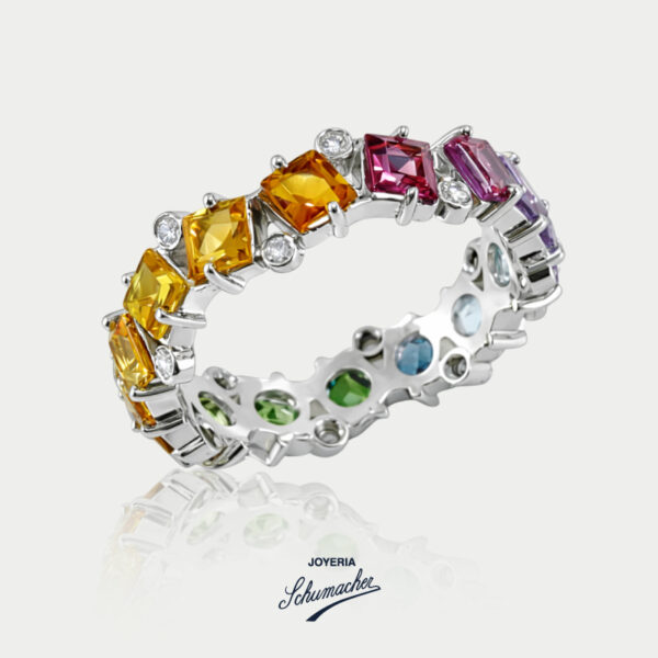 Anillo en oro blanco con Diamantes y Turmalinas de diferentes colores (arcoíris) | Joyería Schumacher