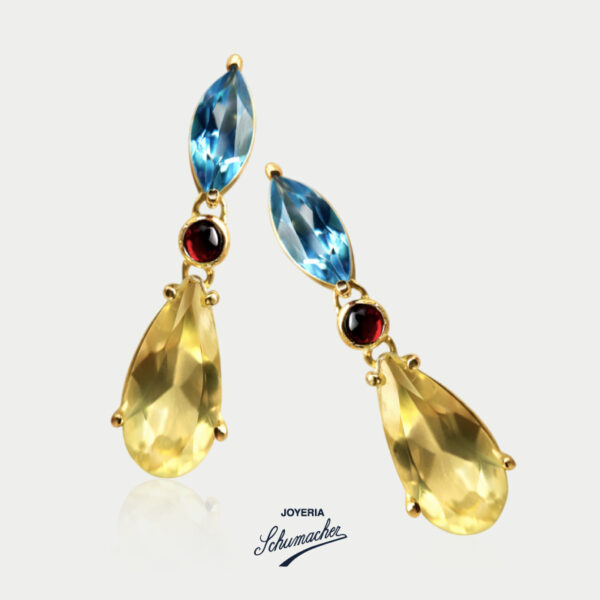 Aretes en oro amarillo con topacio, granates y cuarzo limón | Joyería Schumacher