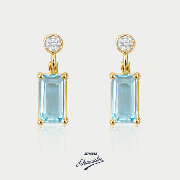 Aretes en oro amarillo con aguamarina rectangular y diamantes | Joyería Schumacher
