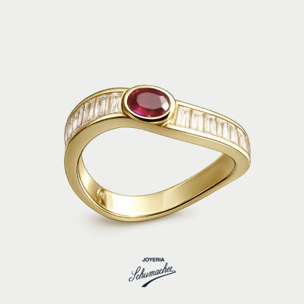 Anillo en oro amarillo con un rubí y brillantes, diseño Éter Carmesí | Joyería Schumacher