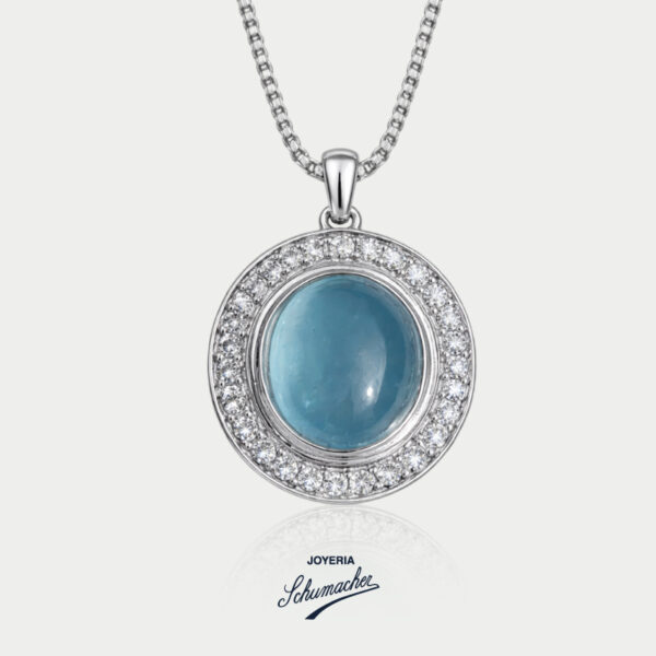 Cadena y dije en oro blanco con brillantes y aguamarina cabujón | Joyería Schumacher