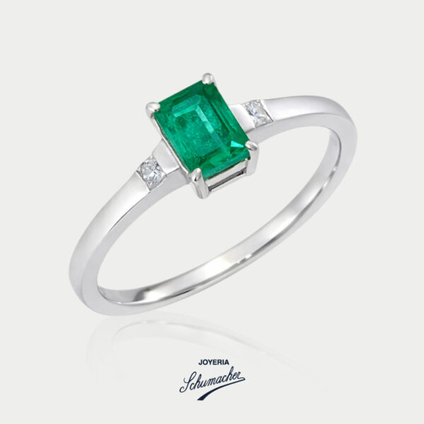 Anillo en oro blanco con esmeralda en talla cuadrada y diamantes | Joyería Schumacher