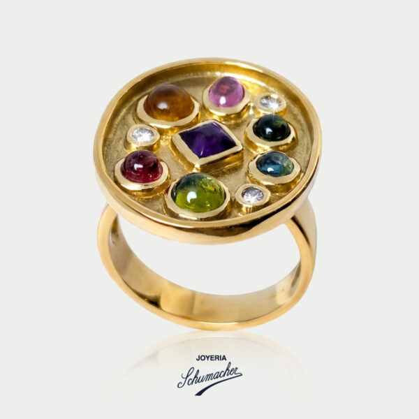 Anillo en oro amarillo mate y brillantes con turmalinas de colores | Joyería Schumacher