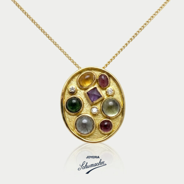 Cadena y dije en oro amarillo mate y brillantes con turmalinas de colores | Joyería Schumacher