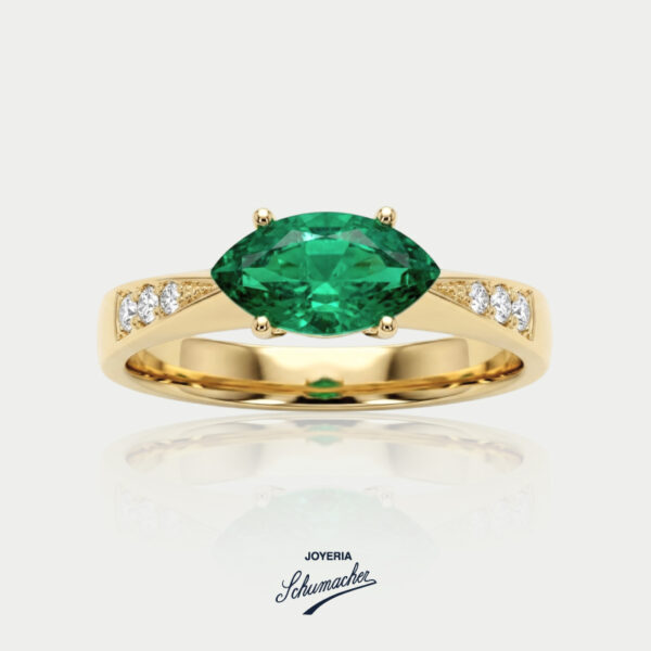 Anillo en oro amarillo con esmeralda marquiz y brillantes | Joyeria Schumacher