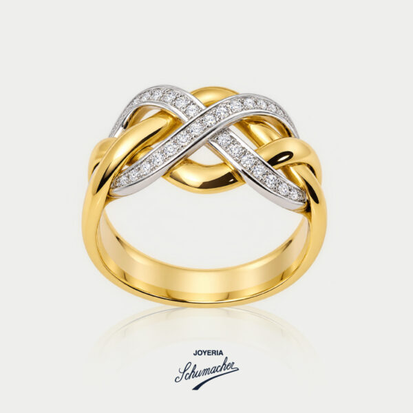 Anillo en oro amarillo y oro blanco con brillantes, diseño trenzado  | Joyería Schumacher