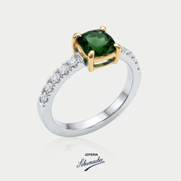 Anillo en oro blanco y oro amarillo con turmalina verde y brillantes  | Joyería Schumacher